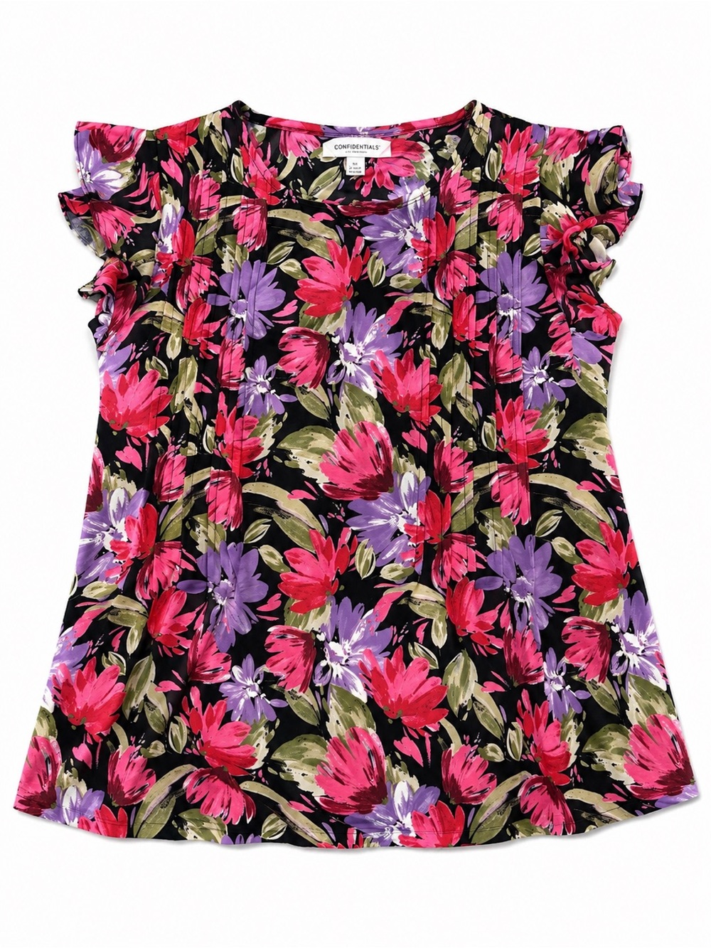 Counterparts Black Floral Flutter Sleeve Top with Pink & Purple Blooms
